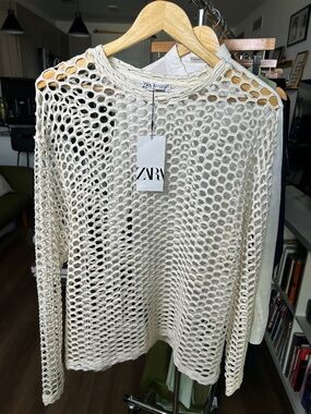 Zara Open-Weave Scoop Neck Sweater in Cream